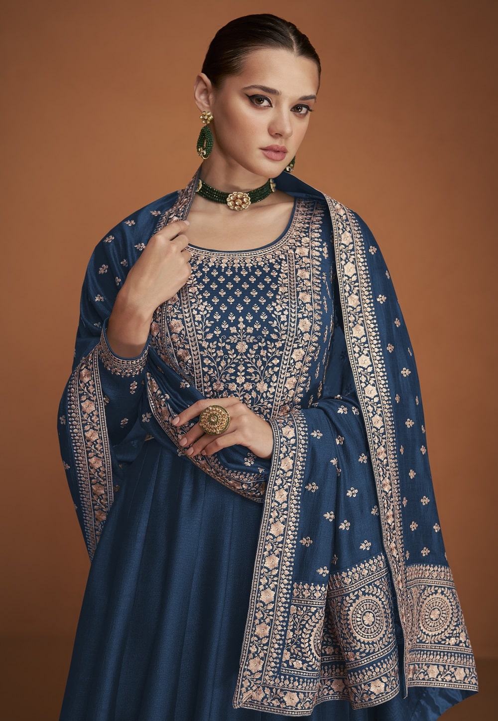 Art Silk Abaya Style Embroidered Suit in Teal Blue