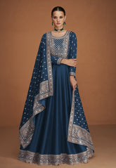 Art Silk Abaya Style Embroidered Suit in Teal Blue