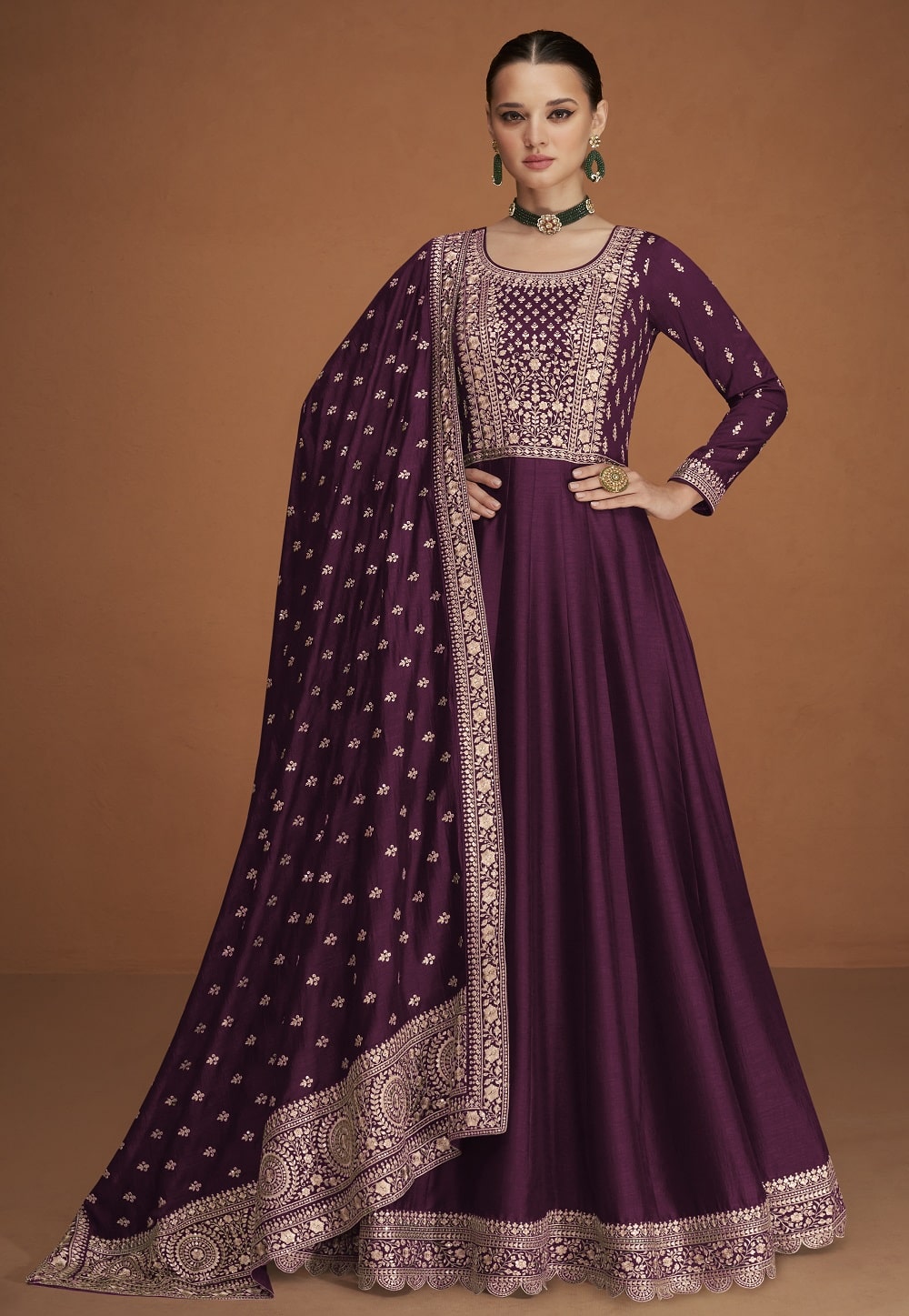 Art Silk Abaya Style Embroidered Suit in Purple