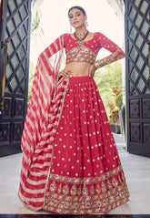 Embroidered Georgette Lehenga in Red