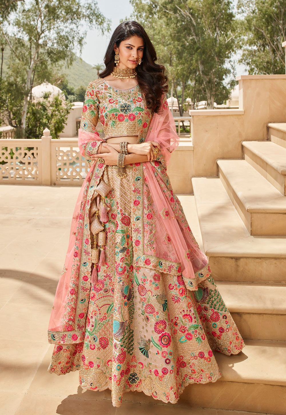 Tussar Silk Embroidered Lehenga in Pink