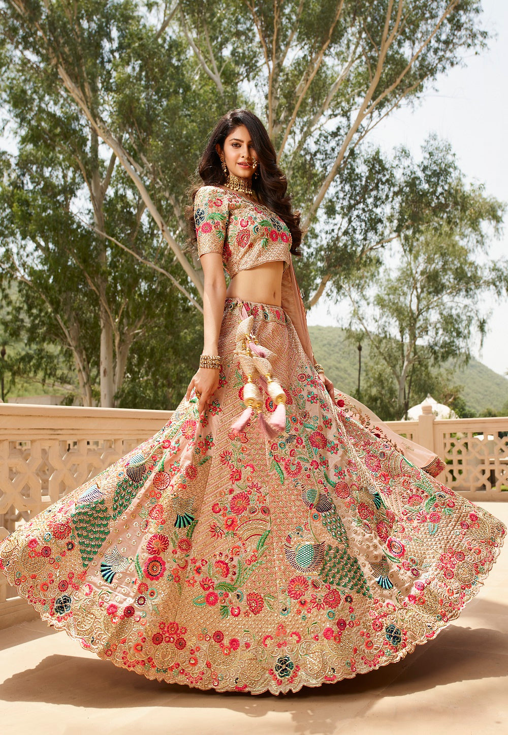 Tussar Silk Embroidered Lehenga in Pink