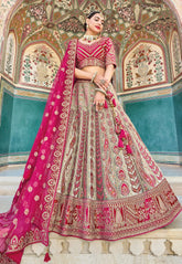 Velvet Embroidered Lehenga in Green and Pink