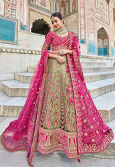 Velvet Embroidered Lehenga in Green and Pink