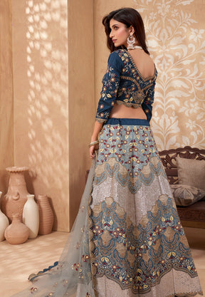 Art Silk Embroidered Lehenga in Light Fawn and Blue