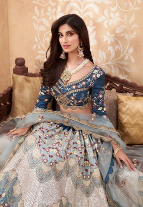 Art Silk Embroidered Lehenga in Light Fawn and Blue