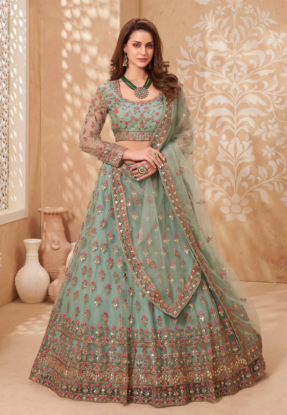 Embroidered Net Lehenga in Dusty Green