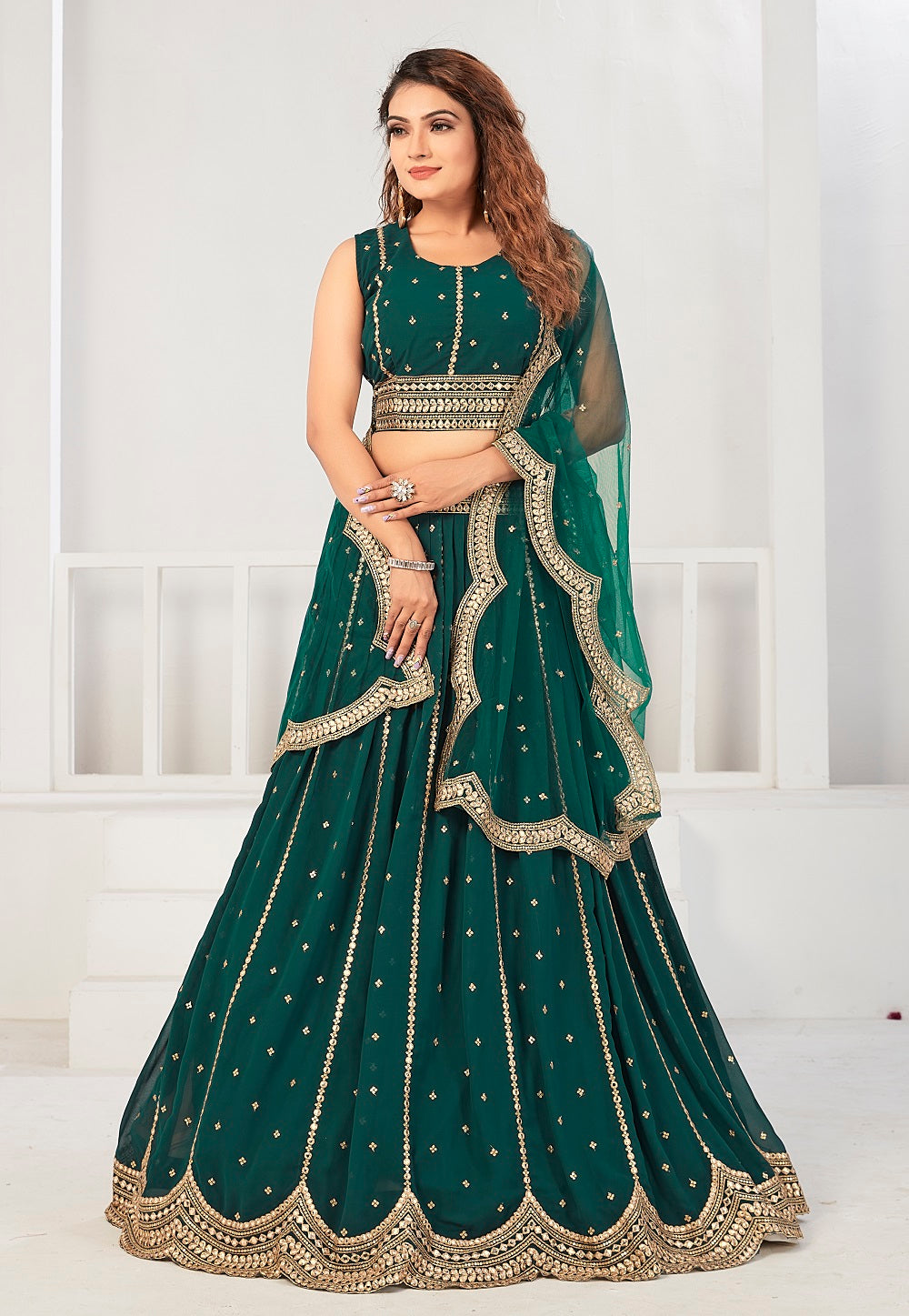 Georgette Embroidered Lehenga in Teal Green