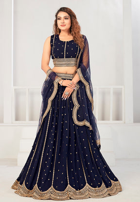 Georgette Embroidered Lehenga in Navy Blue