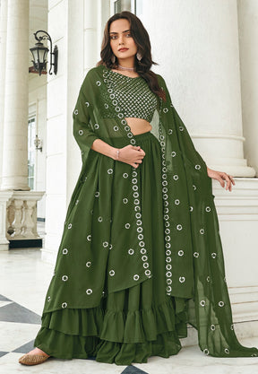 Georgette Embroidered Layered Lehenga in Olive Green