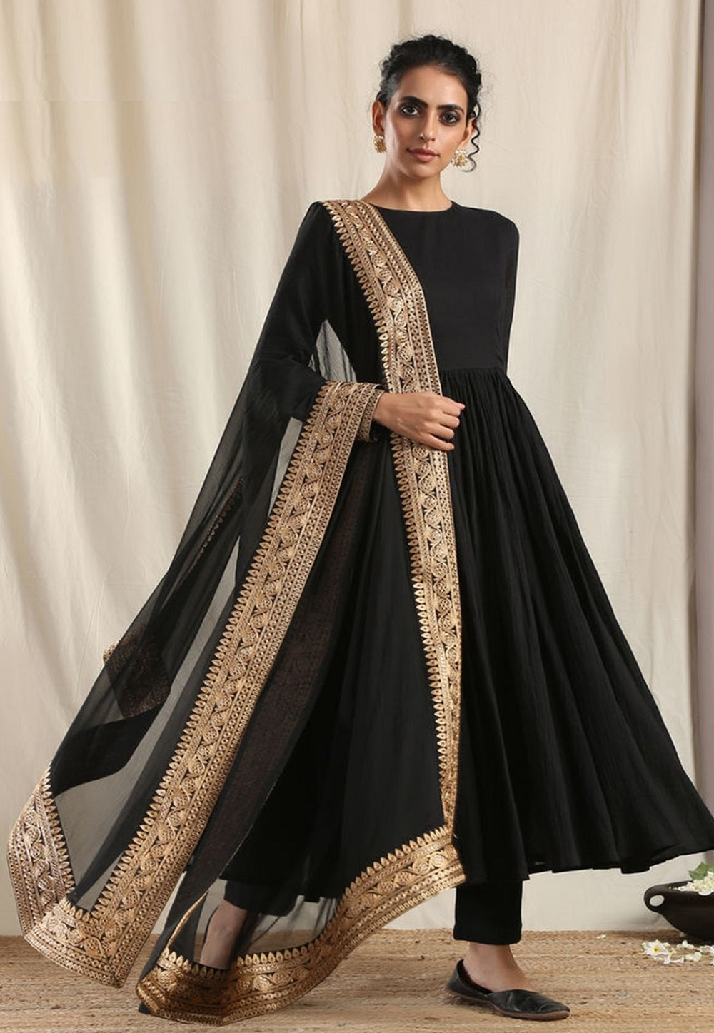 Solid Colour Anarkali Style Rayon Suit in Black