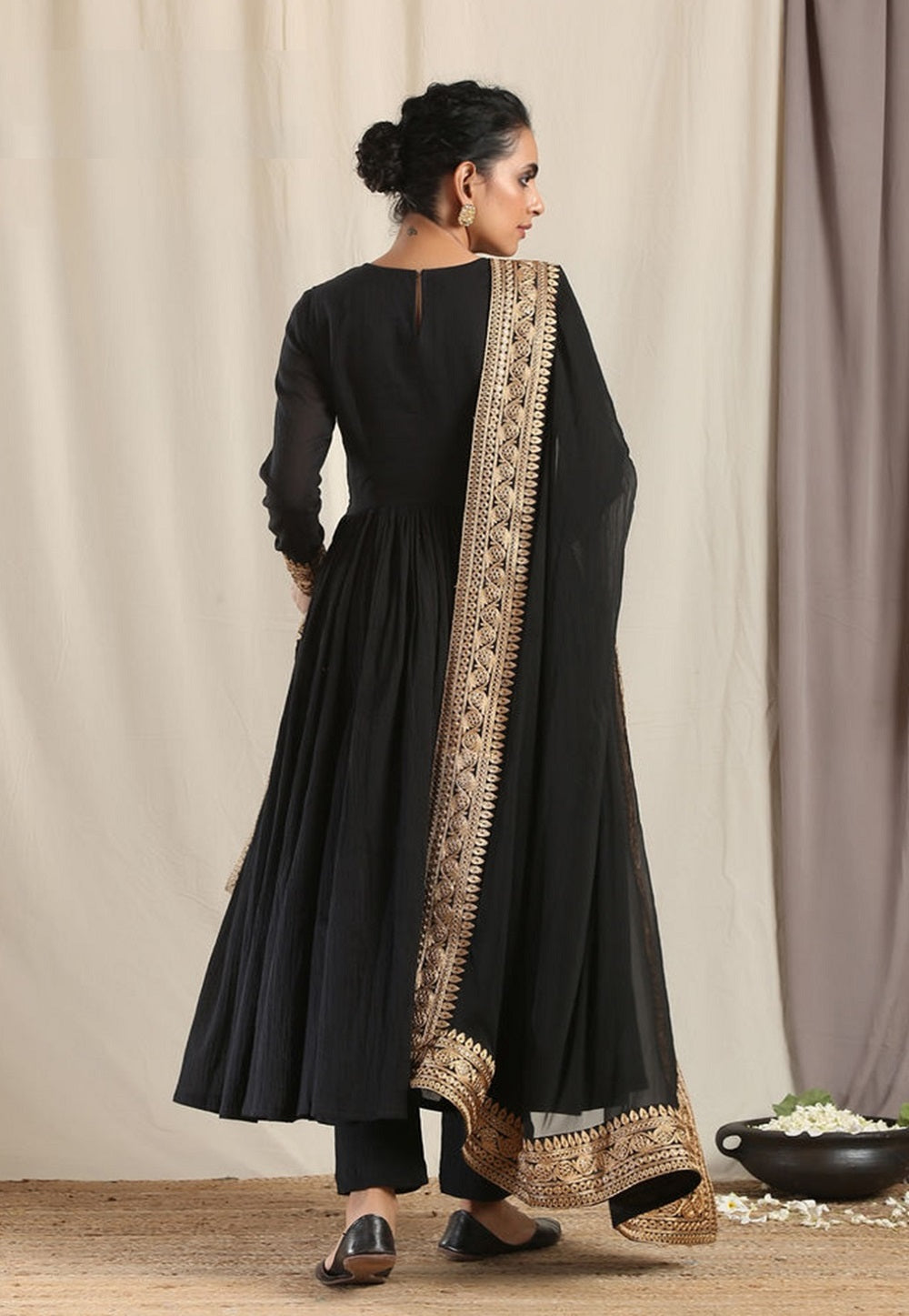 Solid Colour Anarkali Style Rayon Suit in Black