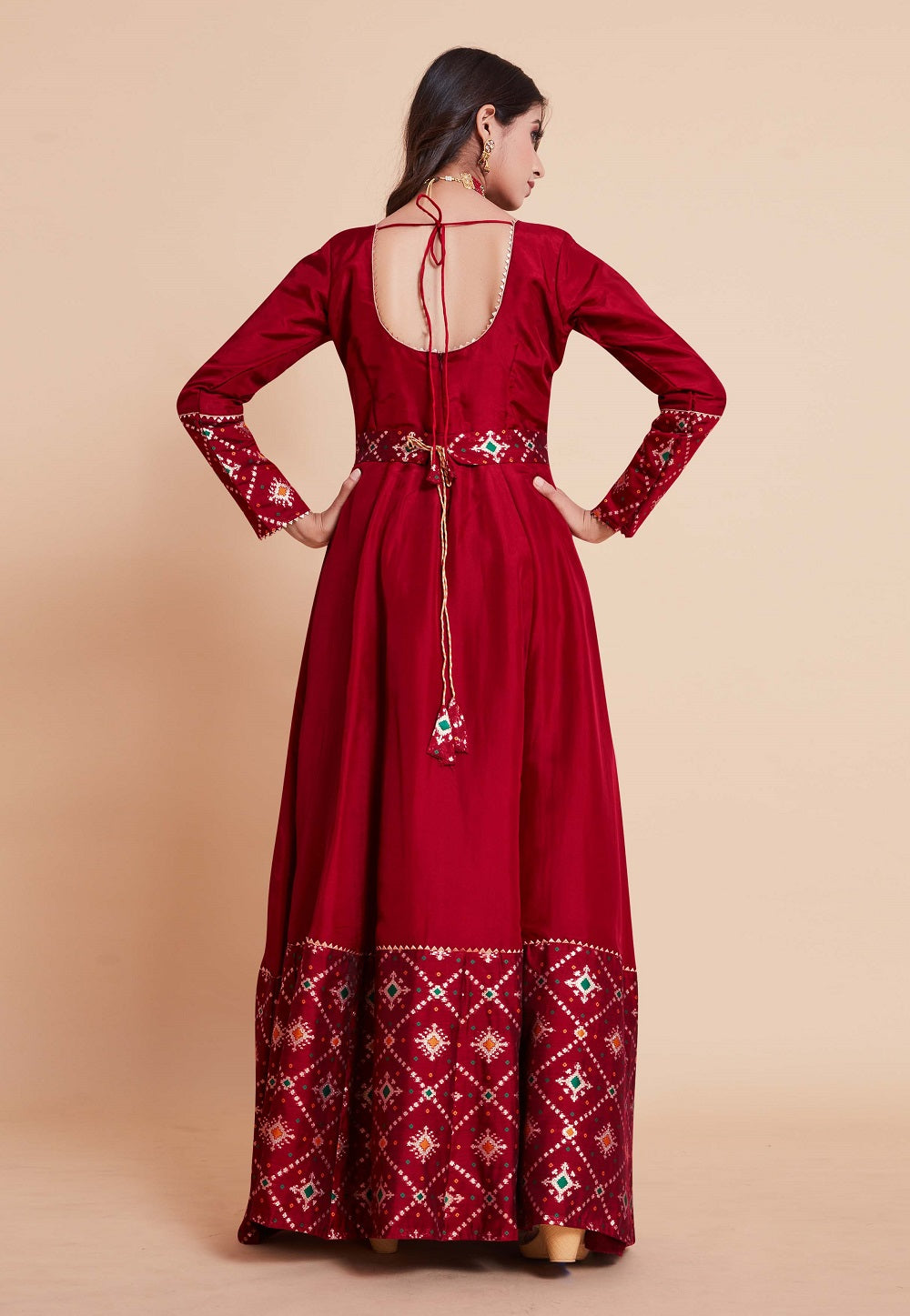 Art Silk Patola Printed Abaya Style Suit in Red