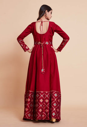 Art Silk Patola Printed Abaya Style Suit in Red
