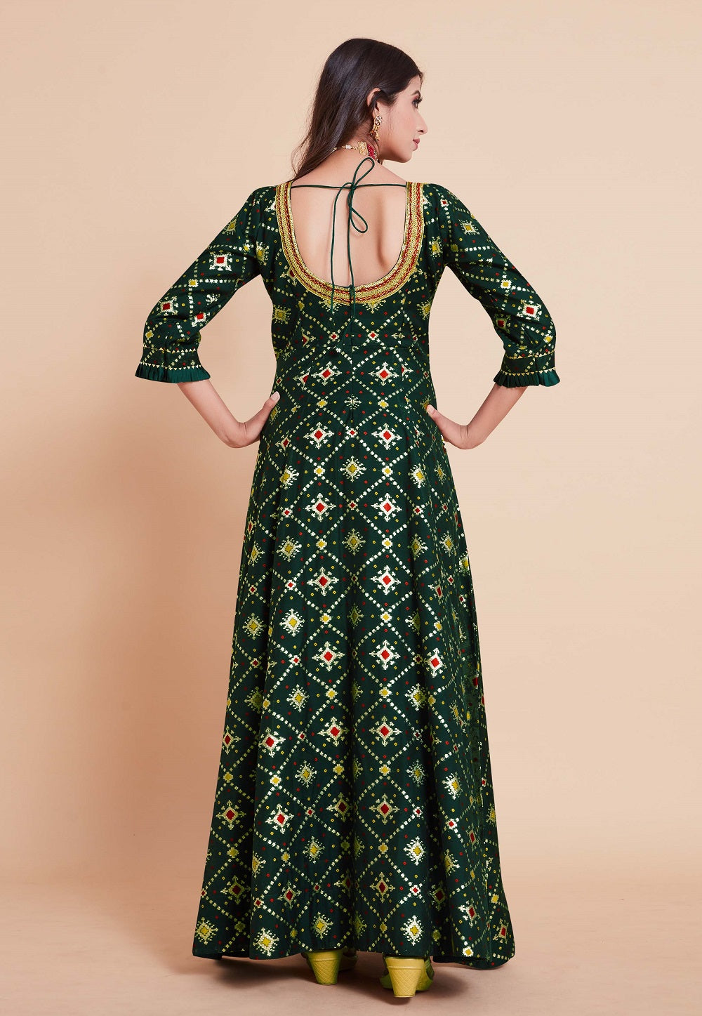 Art Silk Patola Printed Abaya Style Suit in Green