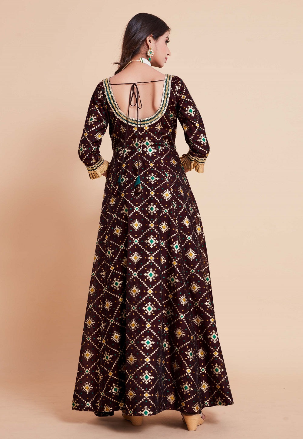 Art Silk Patola Printed Abaya Style Suit in Wine
