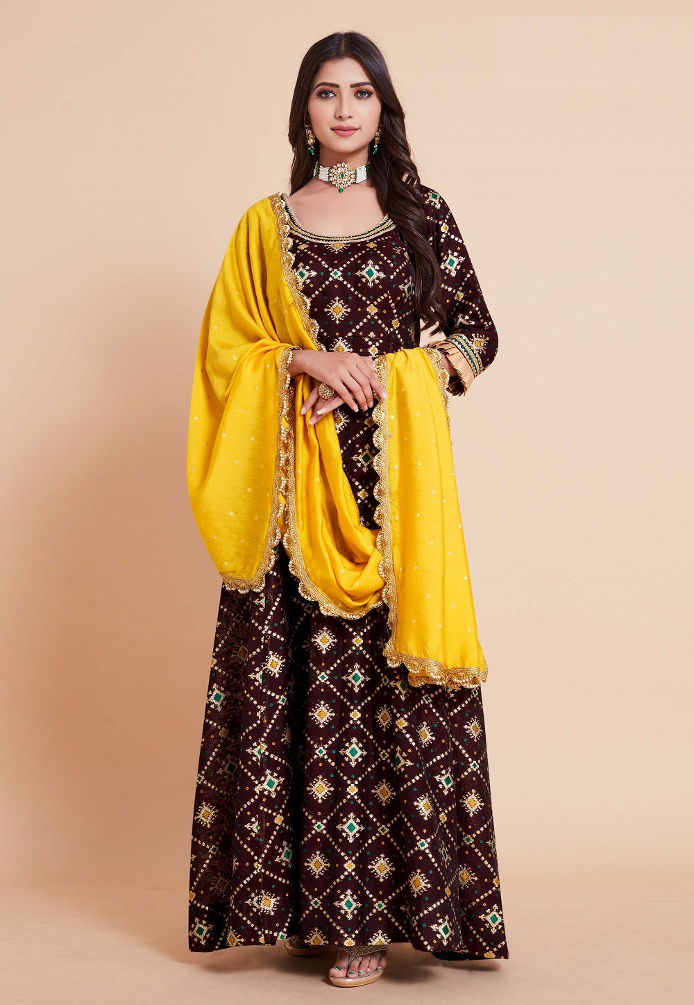 Art Silk Patola Printed Abaya Style Suit in Wine