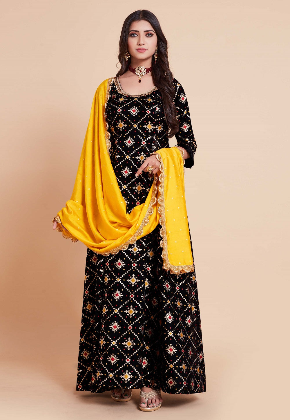 Art Silk Patola Printed Abaya Style Suit in Black