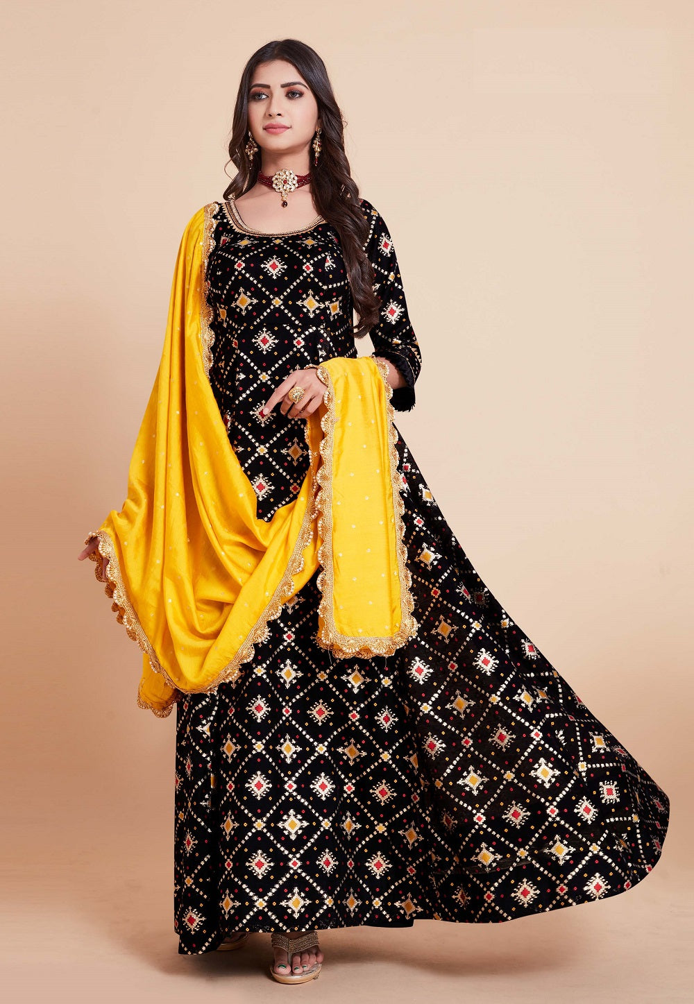 Art Silk Patola Printed Abaya Style Suit in Black