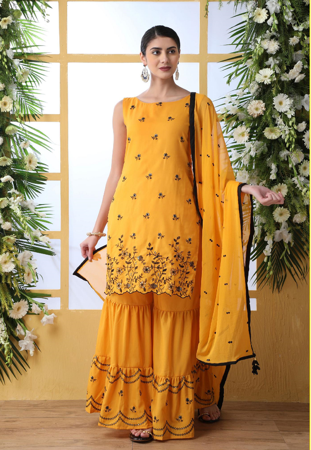 Embroidered Cotton Pakistani Suit in Mustard