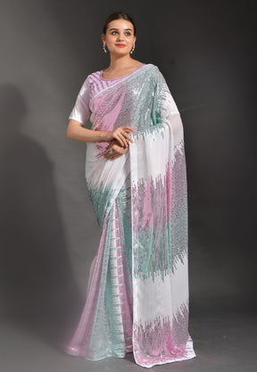 Sequined Georgette Saree in White
