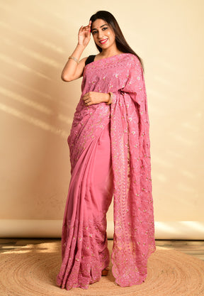 Georgette Embroidered Saree in Pink