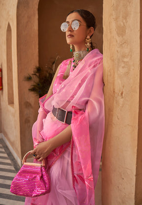 Printed Organza Saree in Pink