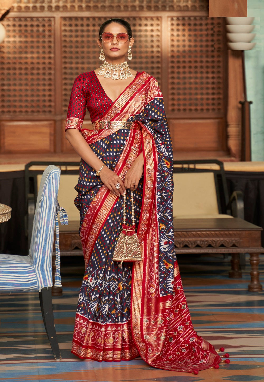Printed Patola Art Silk Saree in Navy Blue and Red