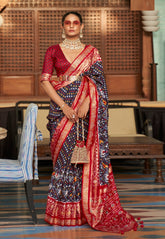 Printed Patola Art Silk Saree in Navy Blue and Red