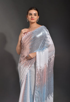 Sequined Georgette Saree in White